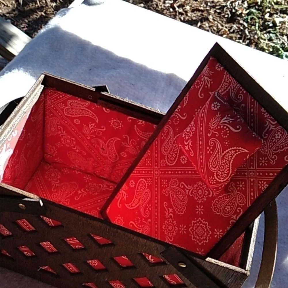 Vintage wood and red bandana sewing box